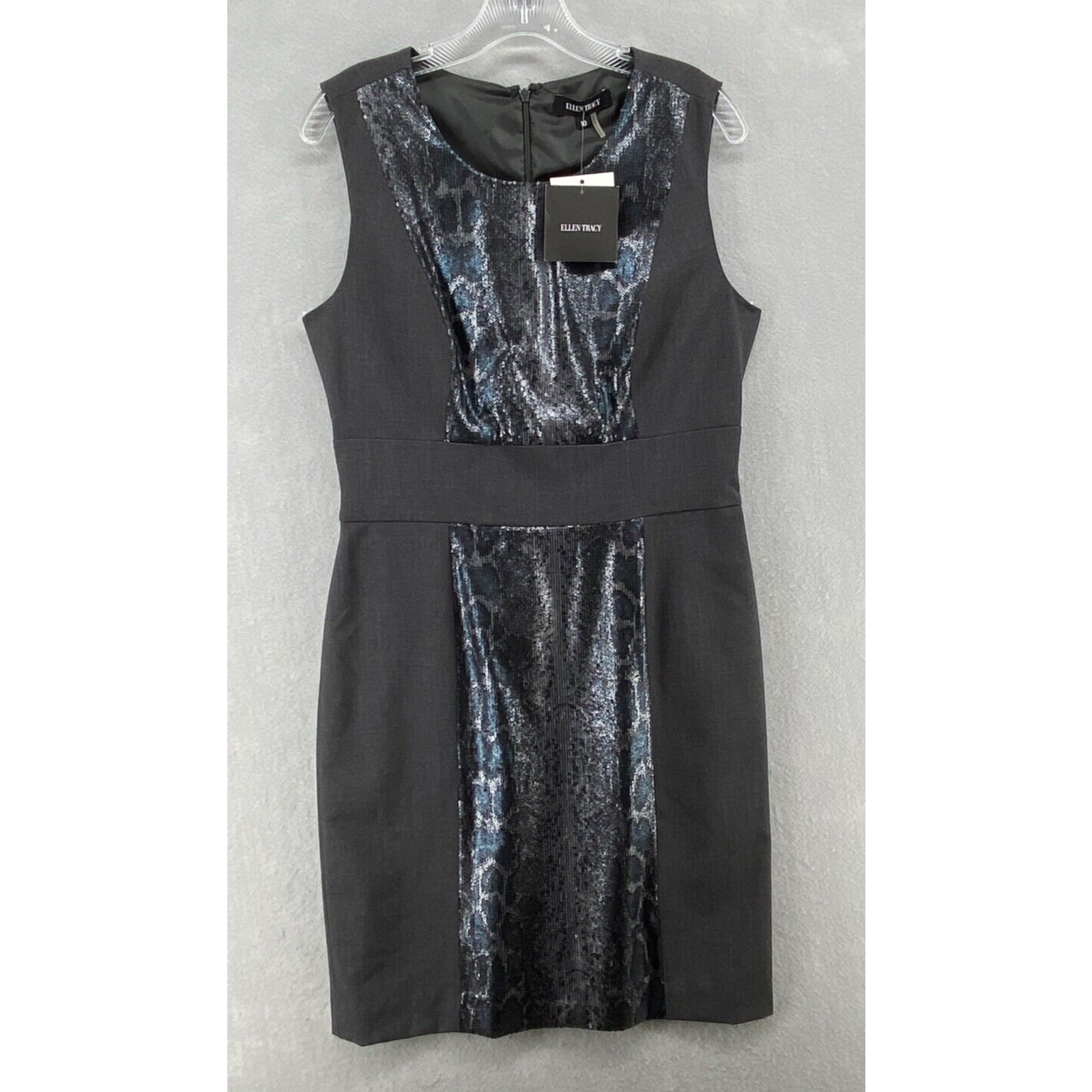 Nwt Ellen Tracy Dress Sz 10 Sleeveless Sheath Black Solid Stretch Sequin Front